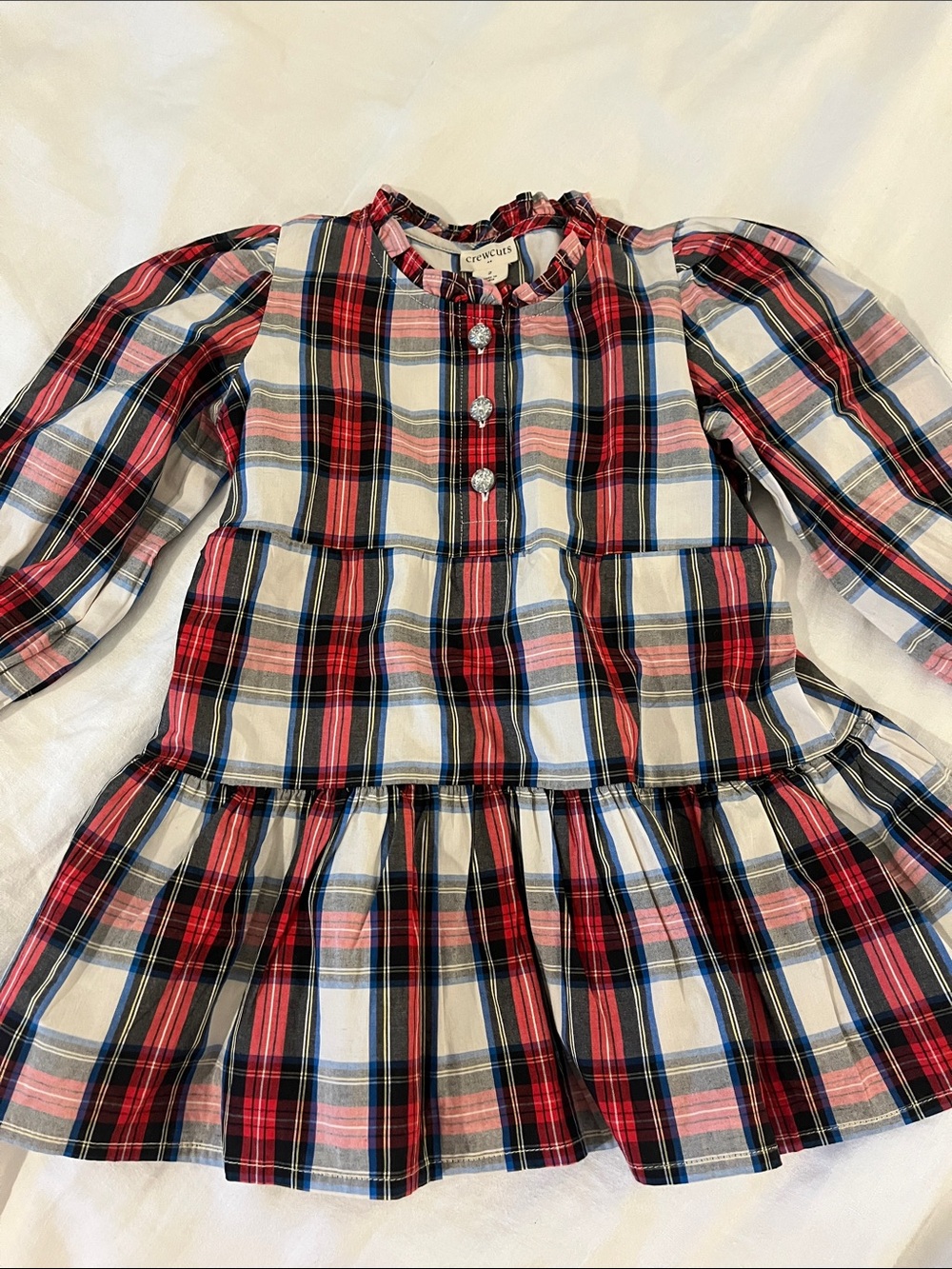 NWOT Crewcuts Red, Navy & Cream Plaid Tiered Button-Front Dress